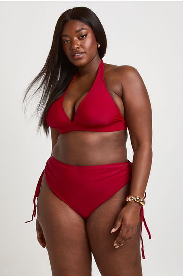 Plus Tummy Control Ruched High Waist Bikini Bottom - burgundy