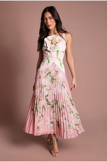 Coast Muse 3D Printed Flower Pleated Midi Dress