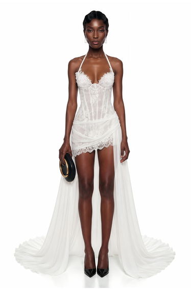 Céleste White Halterneck Floral Lace Mini Dress with Train