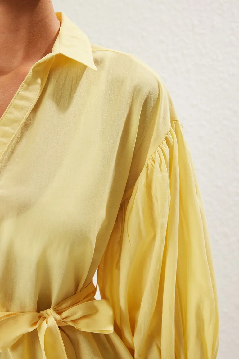  فستان بحر قطن قصير بأكمام منفوخة - أصفر  - 3