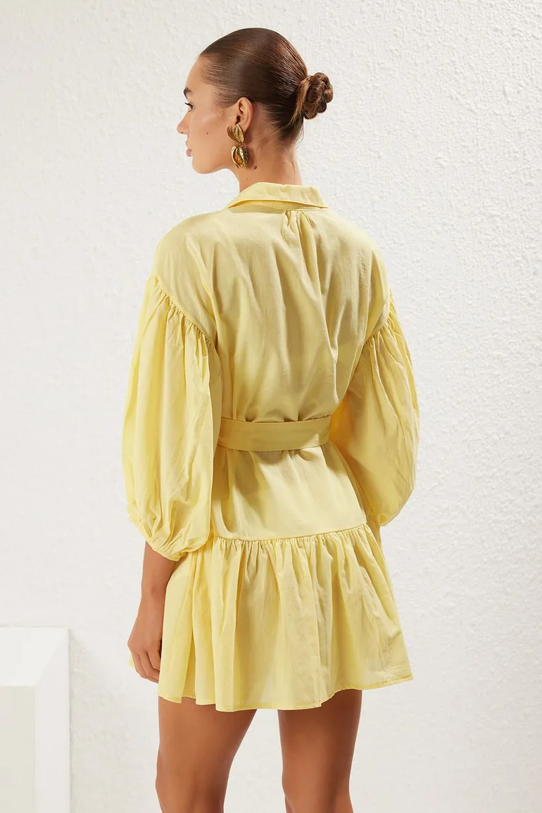  فستان بحر قطن قصير بأكمام منفوخة - أصفر  - 4