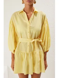  فستان بحر قطن قصير بأكمام منفوخة - أصفر  - 2