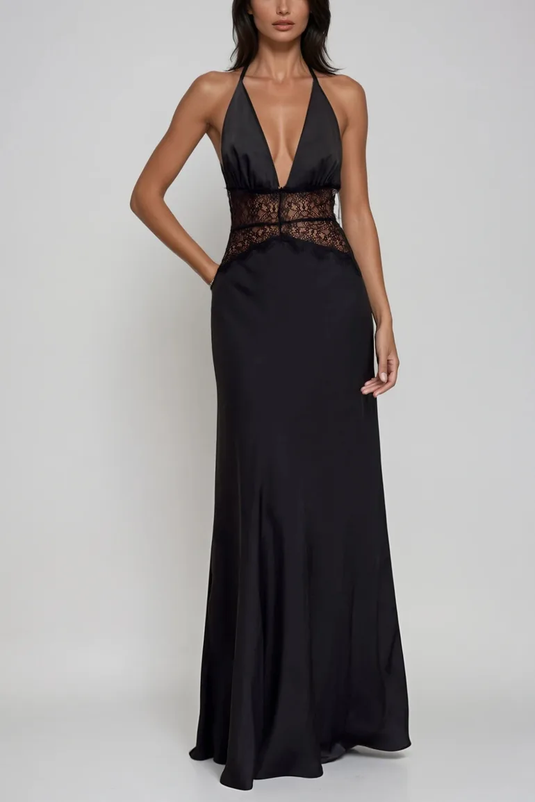 Bowie Lace Plunge Backless Maxi Dress In Black - 1