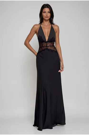 Bowie Lace Plunge Backless Maxi Dress In Black