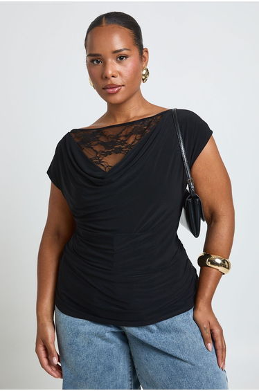Plus Cowl Lace Insert Top - black