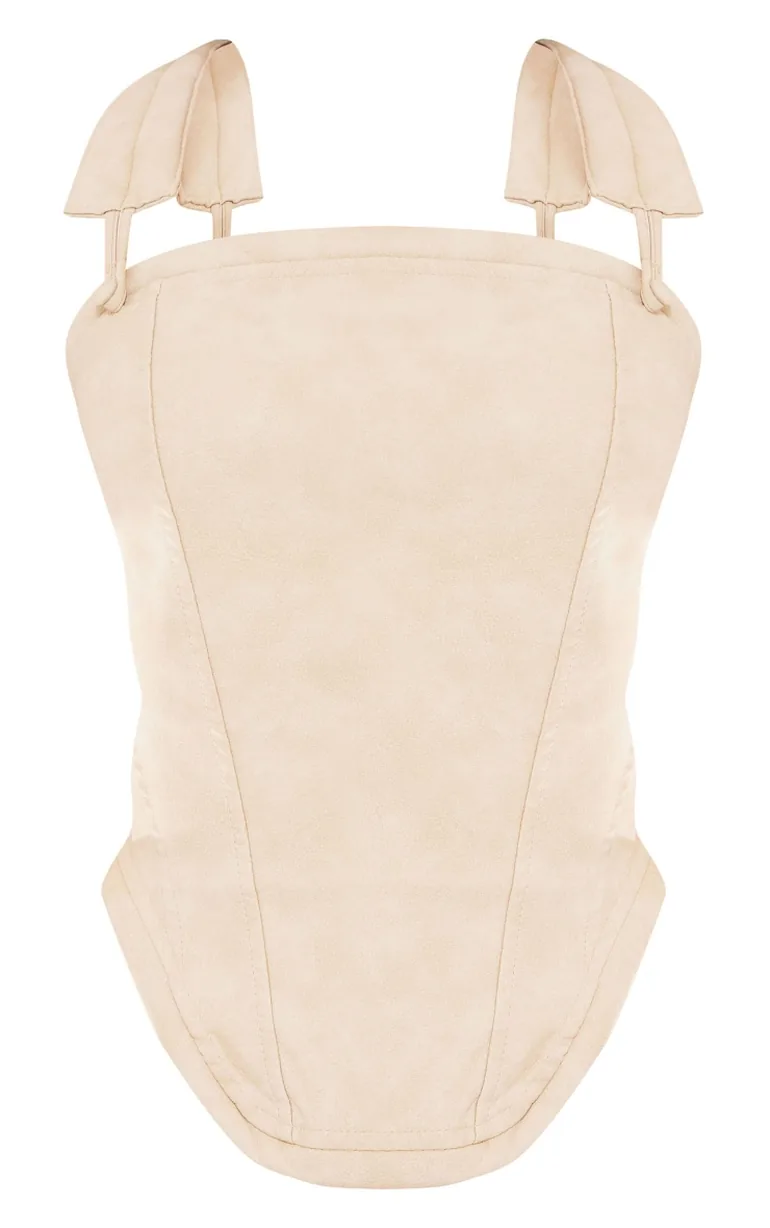 Petite Cream Washed Faux Leather Curved Hem Corset Top - 4