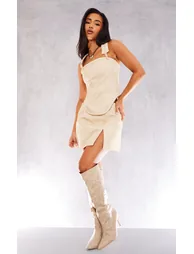 Petite Cream Washed Faux Leather Curved Hem Corset Top - 2