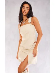 Petite Cream Washed Faux Leather Curved Hem Corset Top