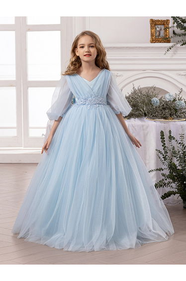 Blue Mesh Lace Detail Balloon Sleeve Dress
