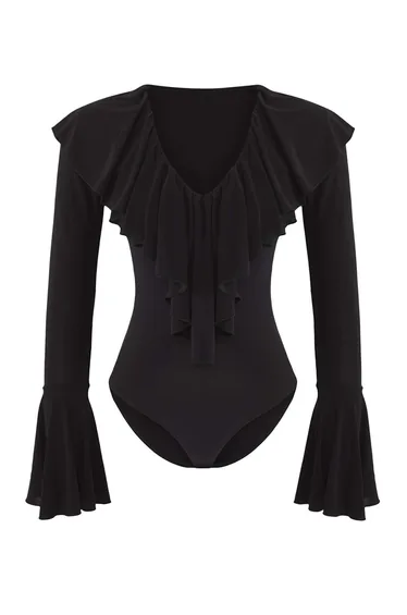 Black Plain V-Neck Long Knitted Sandy Bodysuit