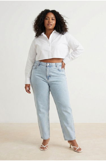Light Blue High Waist Elastic Waist 100% Cotton Plus Size Mom Jeans