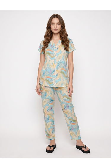 Blue Floral Lace Detail Shirt and Pyjama Set