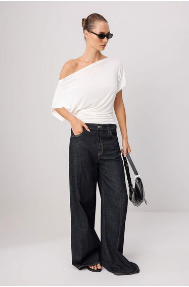 Ecru Regular/Normal Fit Asymmetric Collar Accessory Detailed Soft Touch Knitted Blouse