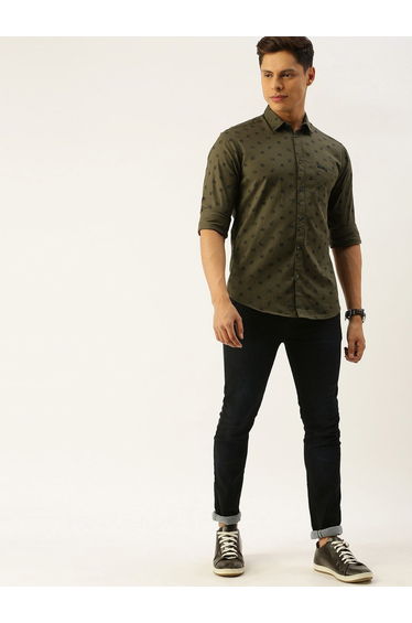 Olive Graphic Print Slim Fit Shirt