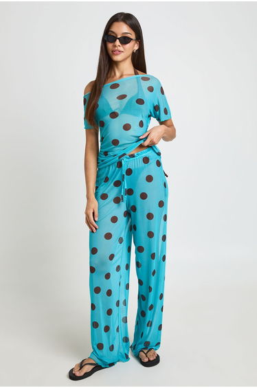 Polka Dot Mesh Asym Beach Top - aqua