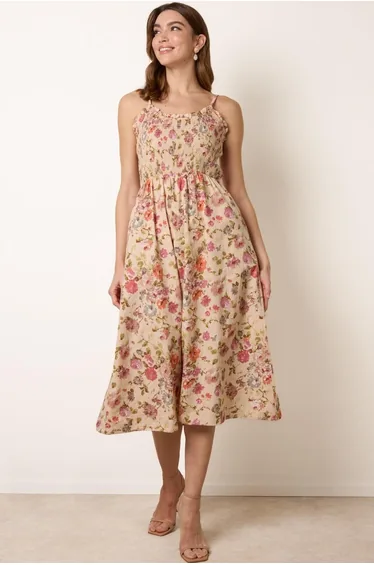Floral Shirred Strappy Midi Dress