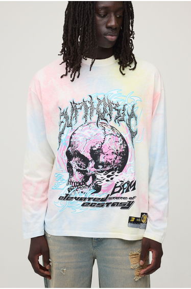 Oversized Euphoric Tie Dye Faux Graphic Rhinestone Long Sleeve T-Shirt - multi