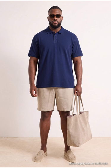 Plus Size Navy Blue Regular/Normal Fit Basic 100% Cotton Polo Neck T-Shirt