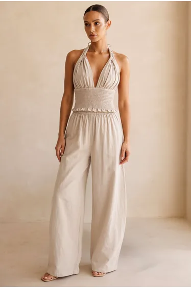 Halter V-Neck Braided Tie Back Ruched Shirred Cami Top And Wide Leg Pants Set