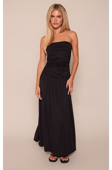 Petite Black Ruched Drop Waist Gathered Hem Bandeau Maxi Dress