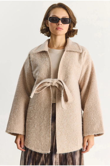 LUCCI Textured Oversized V-Neck Tie Closure Cardigan with Faux Fur