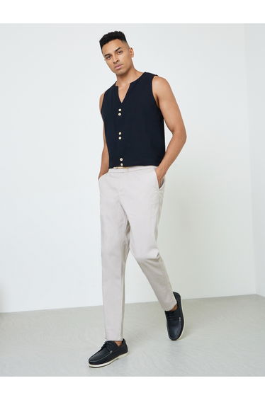Men Cotton Slub Solid Pants with Side Pocket