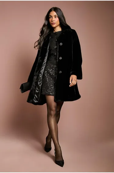 Diamante Fur Button Through Occasion Coat
