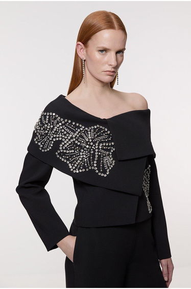 Placed Floral Crystal Embellished Tailored Asymmetric Jacket