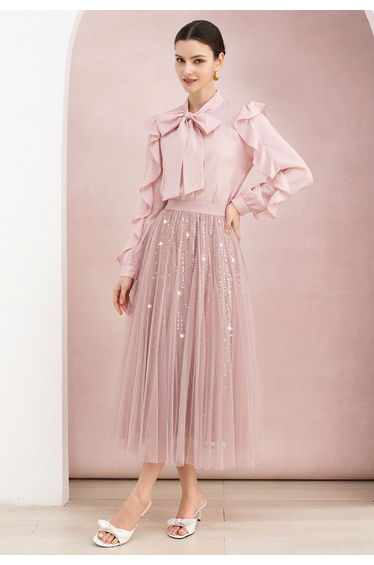 Ravishing Sequins Mesh Tulle Midi Skirt in Pink for Evening Outings & Formal Events