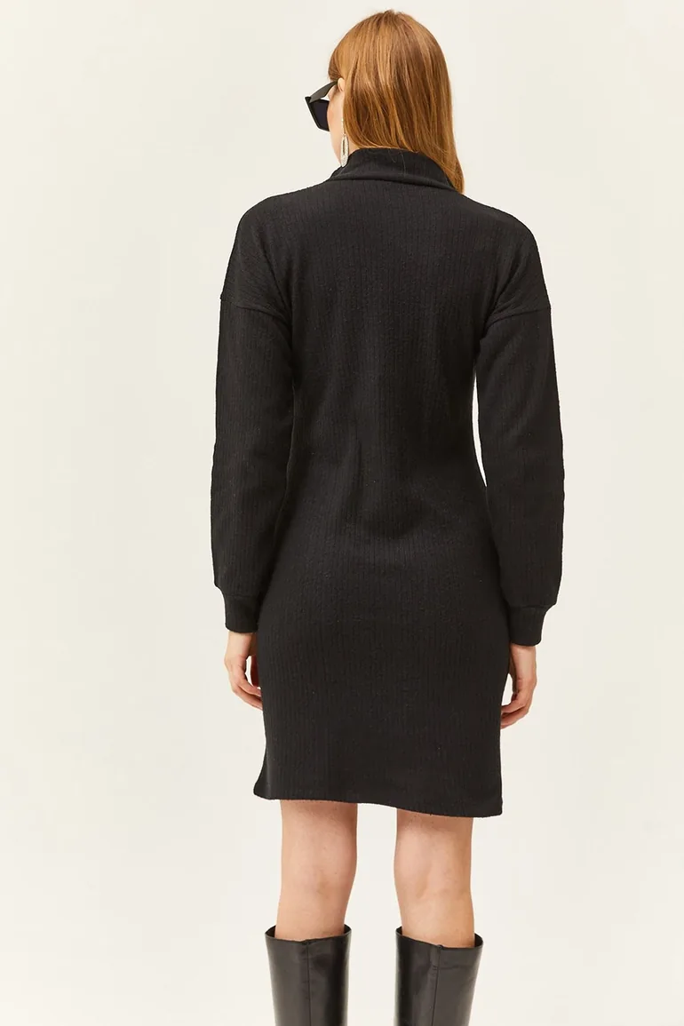 Women's Black High Neck Zippered Loose Dress - 2