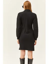 Women's Black High Neck Zippered Loose Dress - 2