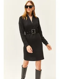 Women's Black High Neck Zippered Loose Dress
