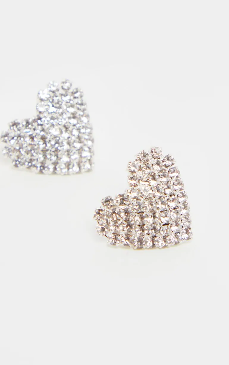 Silver Diamante Heart Stud Earrings - 2