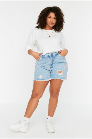 Plus Size Shorts & Bermuda - Blue - High Waist