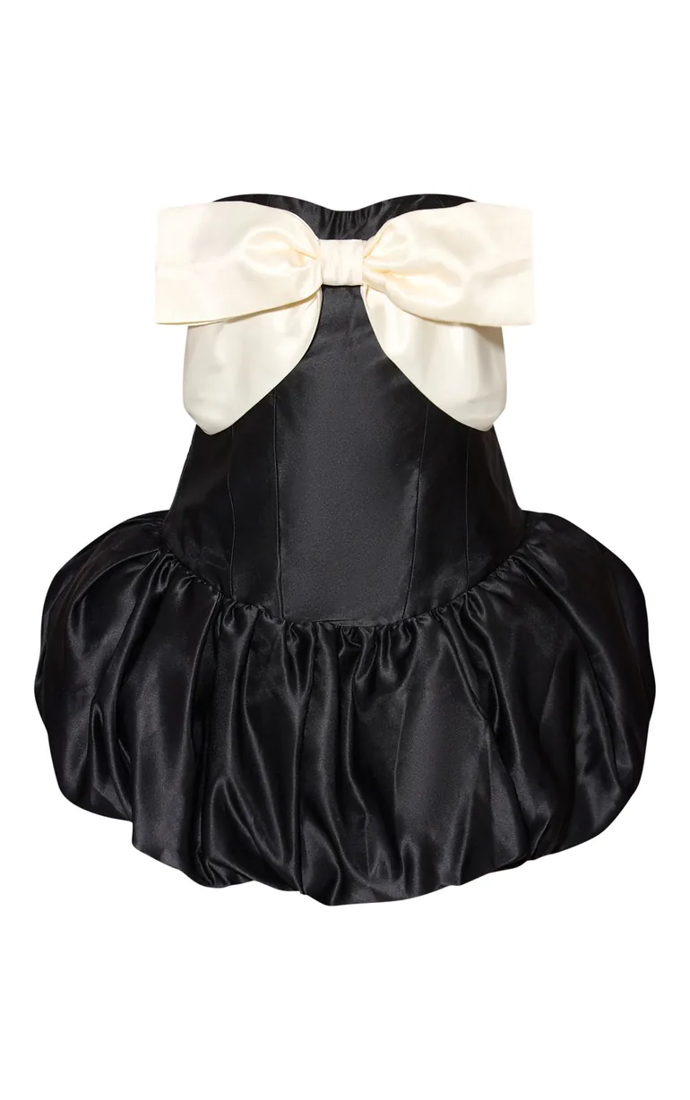 Black Bandeau Satin Bow Detail Puffball Mini Dress - 4