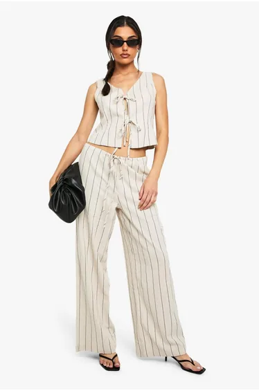 Linen Look Tie Waist Straight Leg Trouser - stone