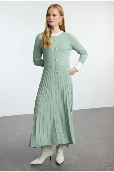Mint Pleated Knitwear Color Block Dress