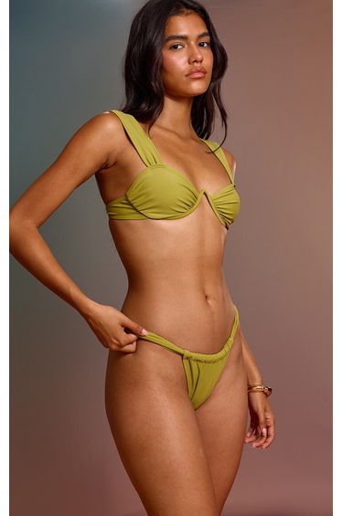 Olive Ruched Tanga Bikini Bottoms