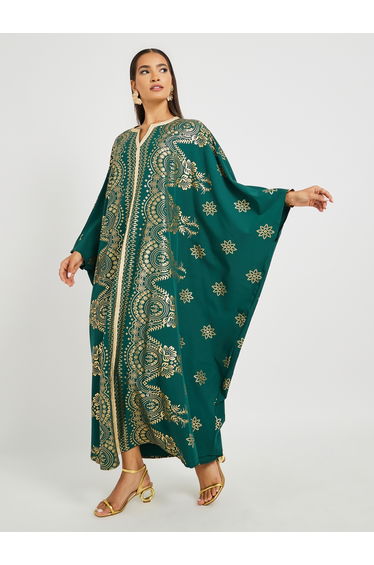 Printed Batwing Sleeve Notch Neck Kaftan