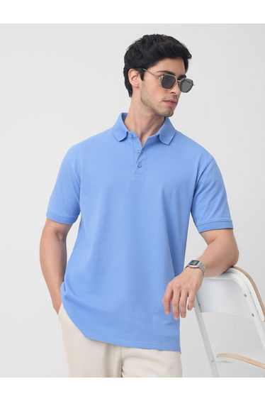 Blue Cotton Blend Short Sleeve Polo
