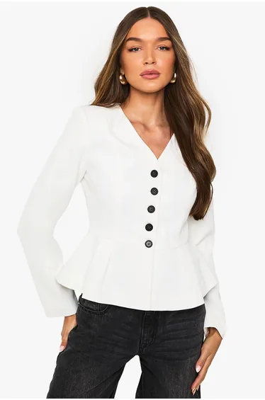 Peplum Cinched Waist Tailored Blazer - cream
