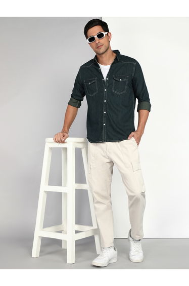 Men Green Double Pockets Denim Shirt