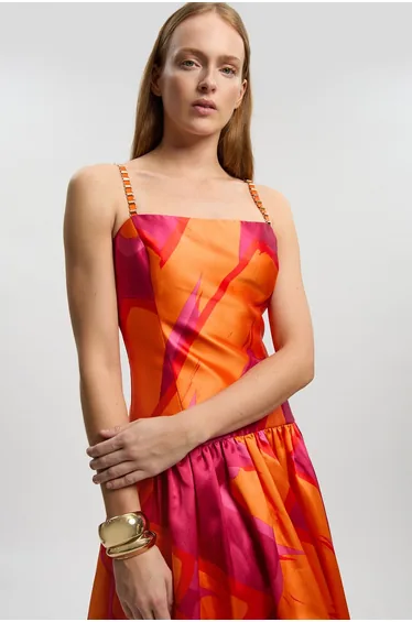 Abstract Print Twill Contrast Strappy Woven Maxi Dress