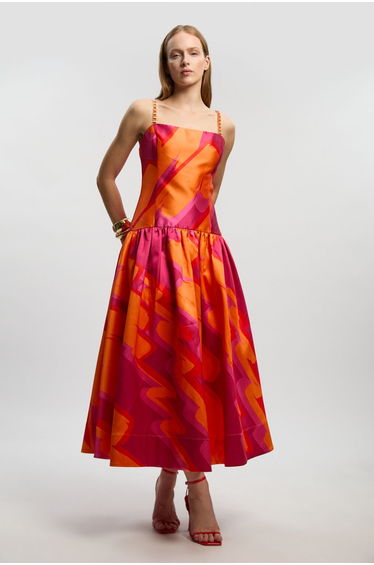 Abstract Print Twill Contrast Strappy Woven Maxi Dress