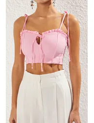 Pink Tie Detail Ruffled Crop Woven Bustier - 3