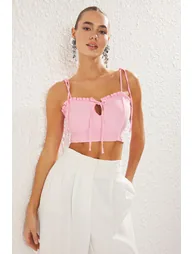 Pink Tie Detail Ruffled Crop Woven Bustier - 1
