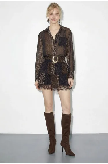 LUCCI Patterned Tulle Dress with Lace Detail, Belt and Ruffles