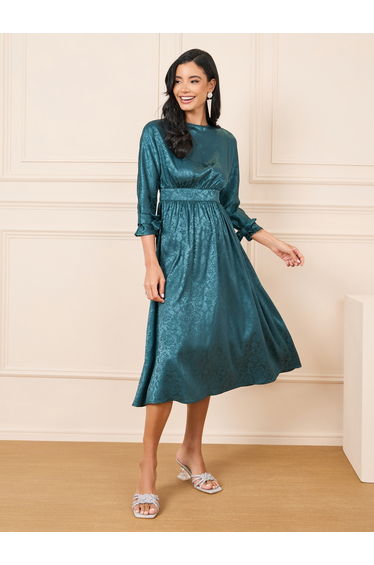 Jacquard Print Tie Up Sleeves A-Line Midi Dress
