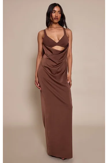 فستان ماكسي بحمالات رفيعة - بني