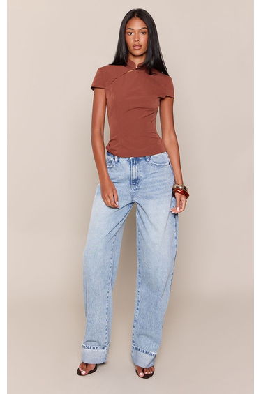 Tall Deep Chocolate Satin Pearl Button Detail High Neck Top